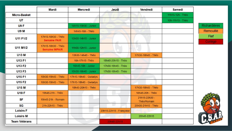 Planning d'entrainements